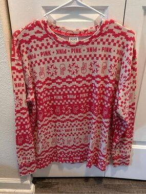 PINK Victoria's Secret Pink & Cream Logo Pattern Crewneck Sweater